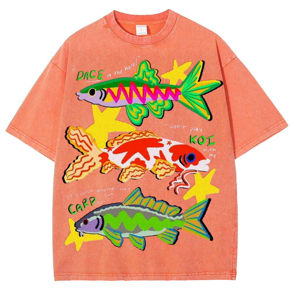 Unisex Colorful Cartoon Fish Washed Tee