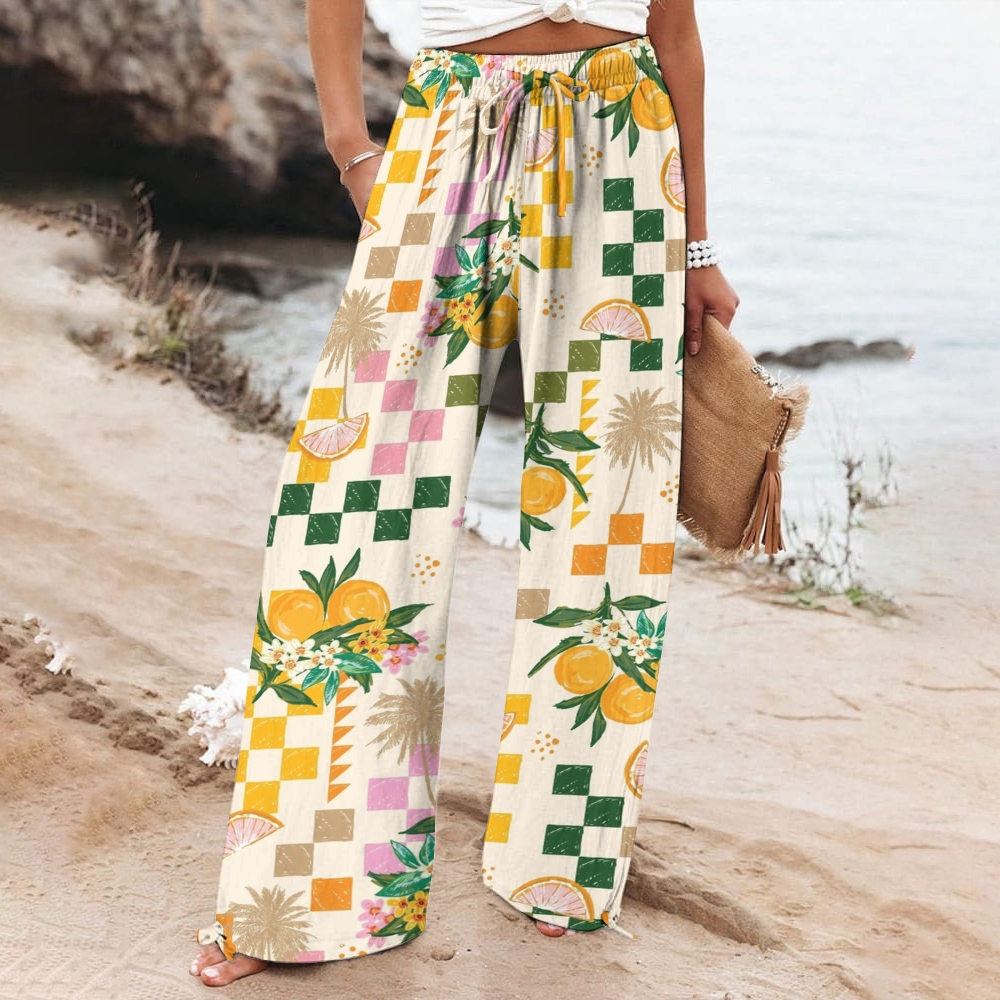 Women's Wide Leg Casual Squares And Fruits Printed Pants
