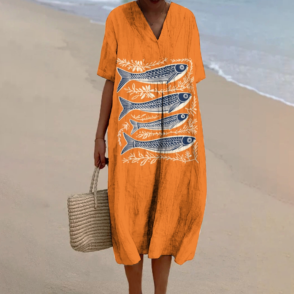 Women's Vintage Fish Printed Flowy Dress