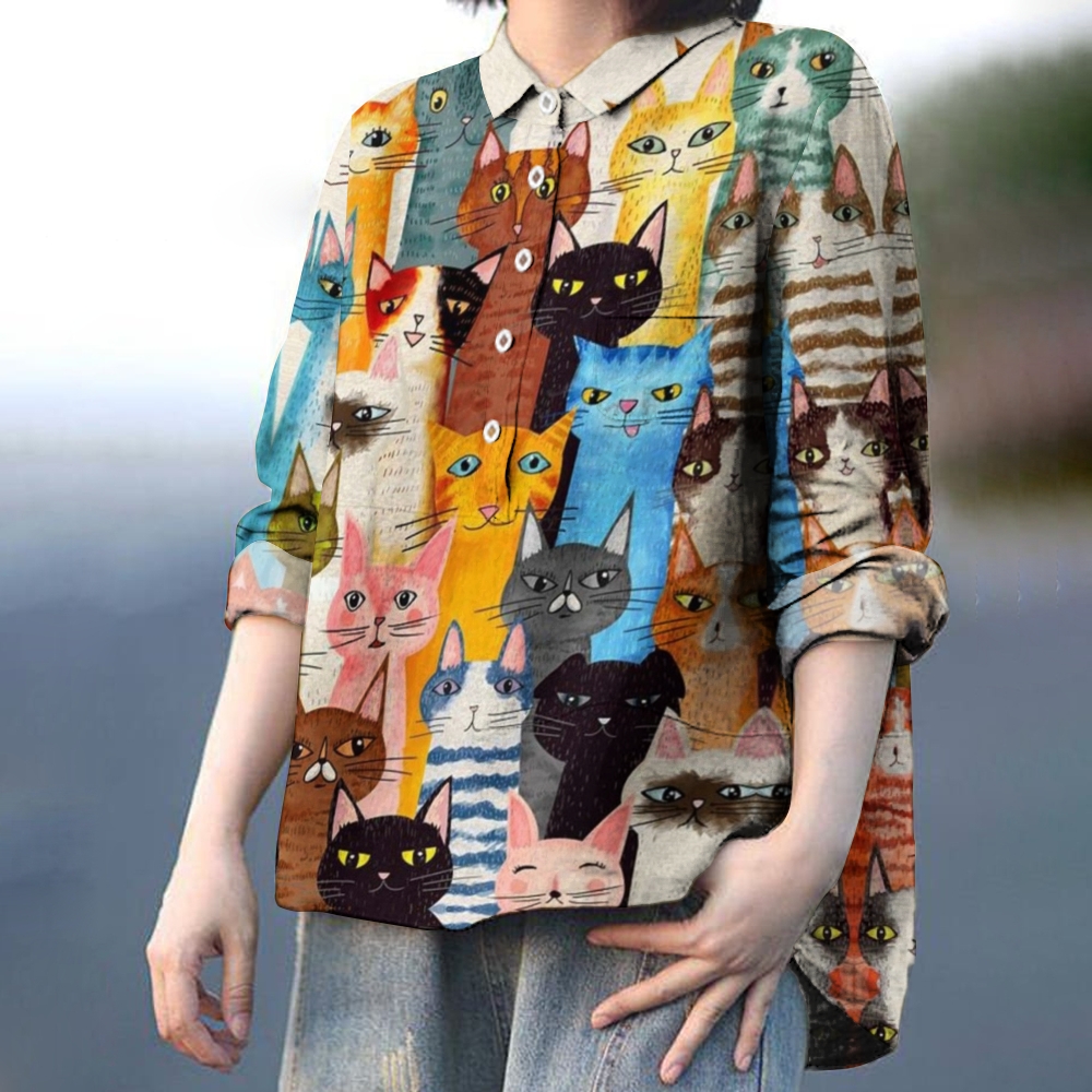 Women's Cartoon Cat Printed Casual Shirt