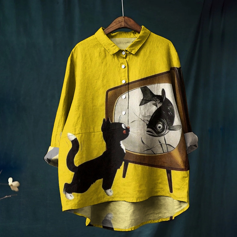 Women's Cartoon Cat and Fish Printed Casual Shirt