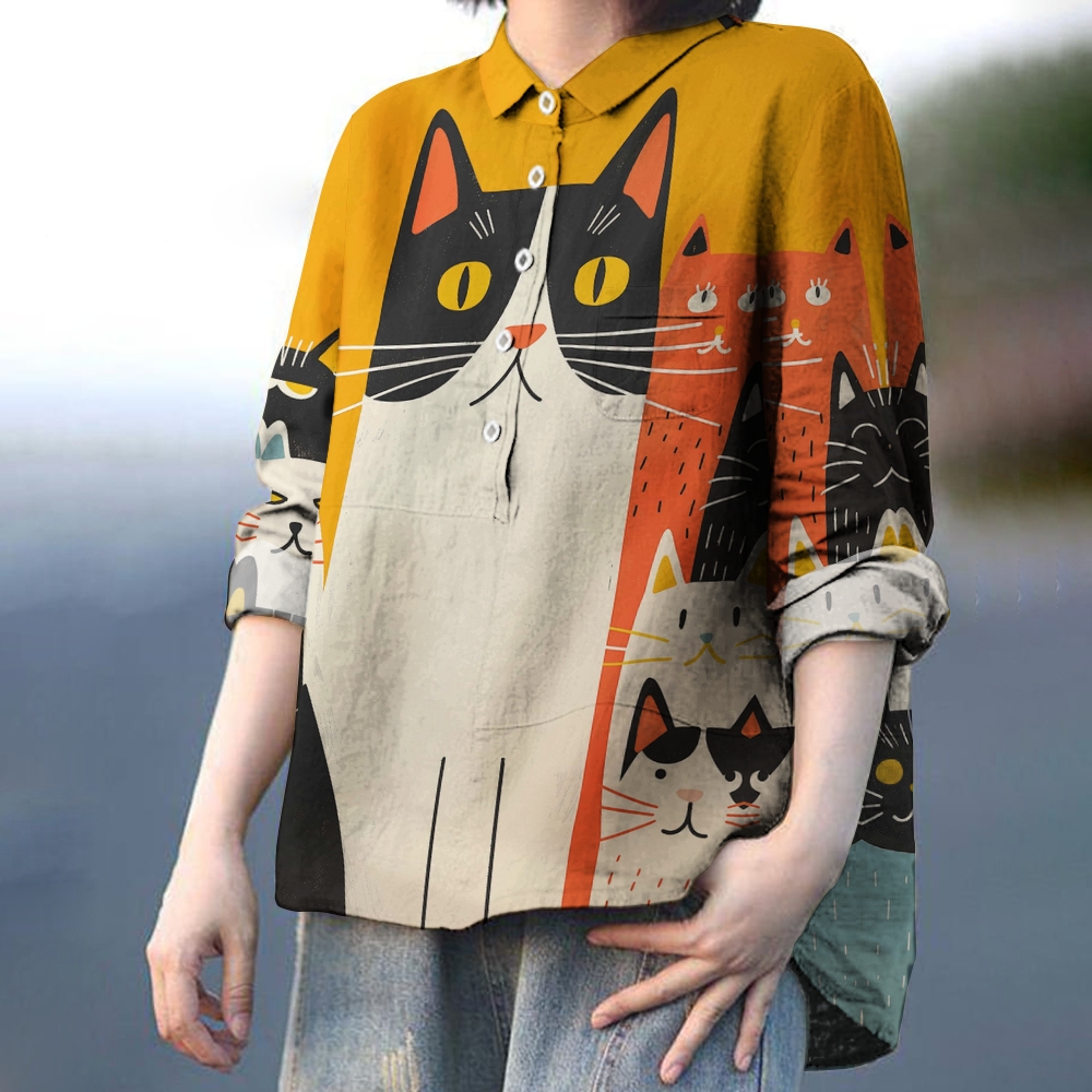 Women's Cartoon Cat Printed Casual Shirt