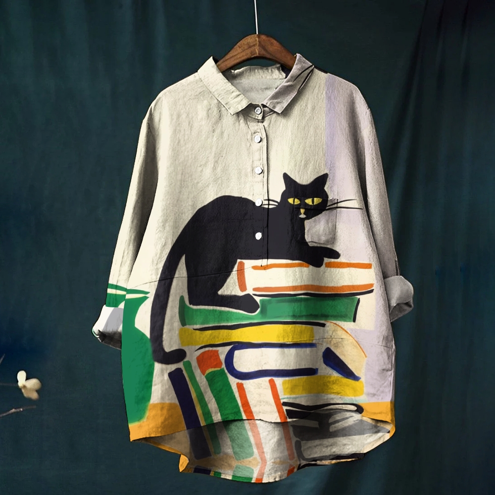 Women's Cartoon Cat Book Printed Casual Shirt