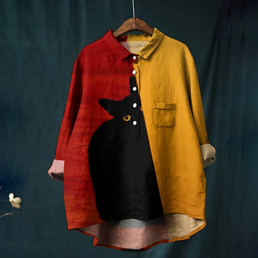 Women's Colorblock Cartoon Cat Printed Casual Shirt