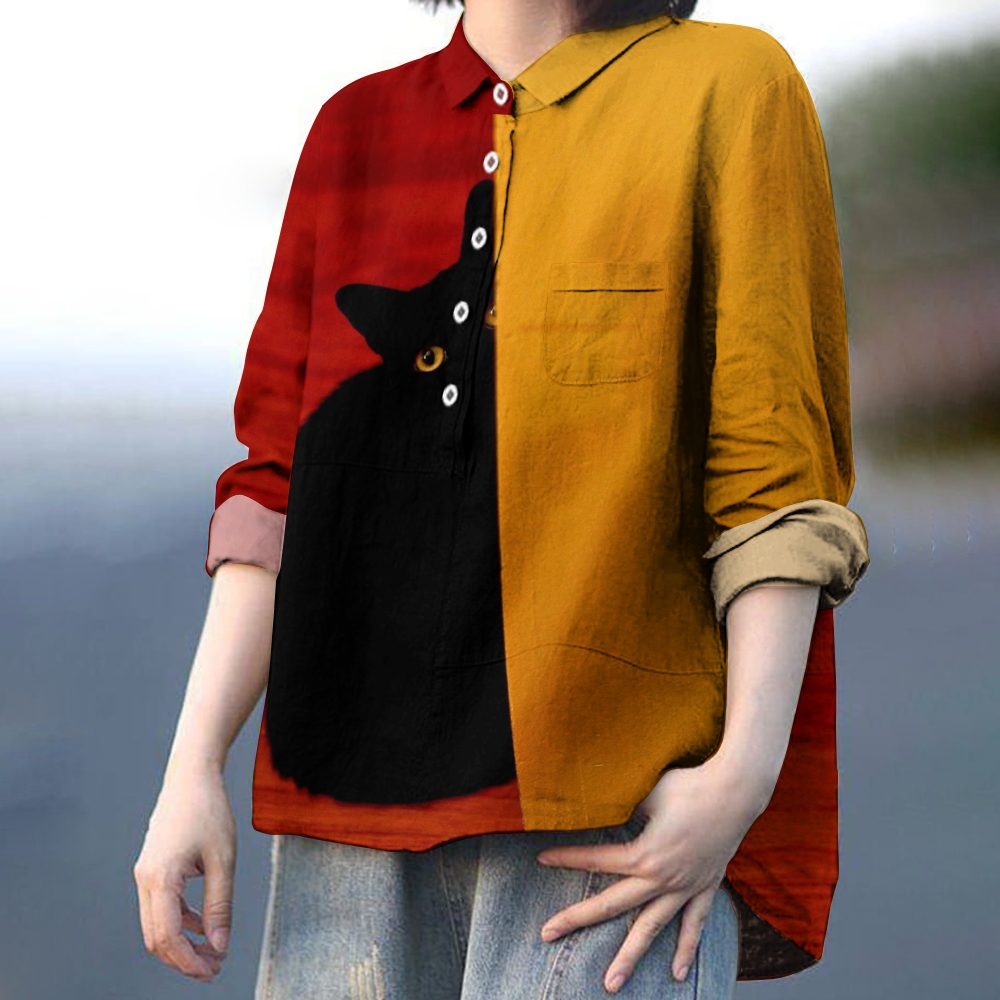 Women's Colorblock Cartoon Cat Printed Casual Shirt