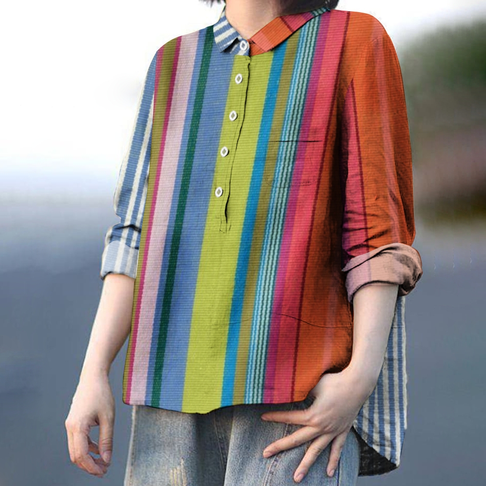 Women's Colorful Stripe Pattern Printed Casual Shirt
