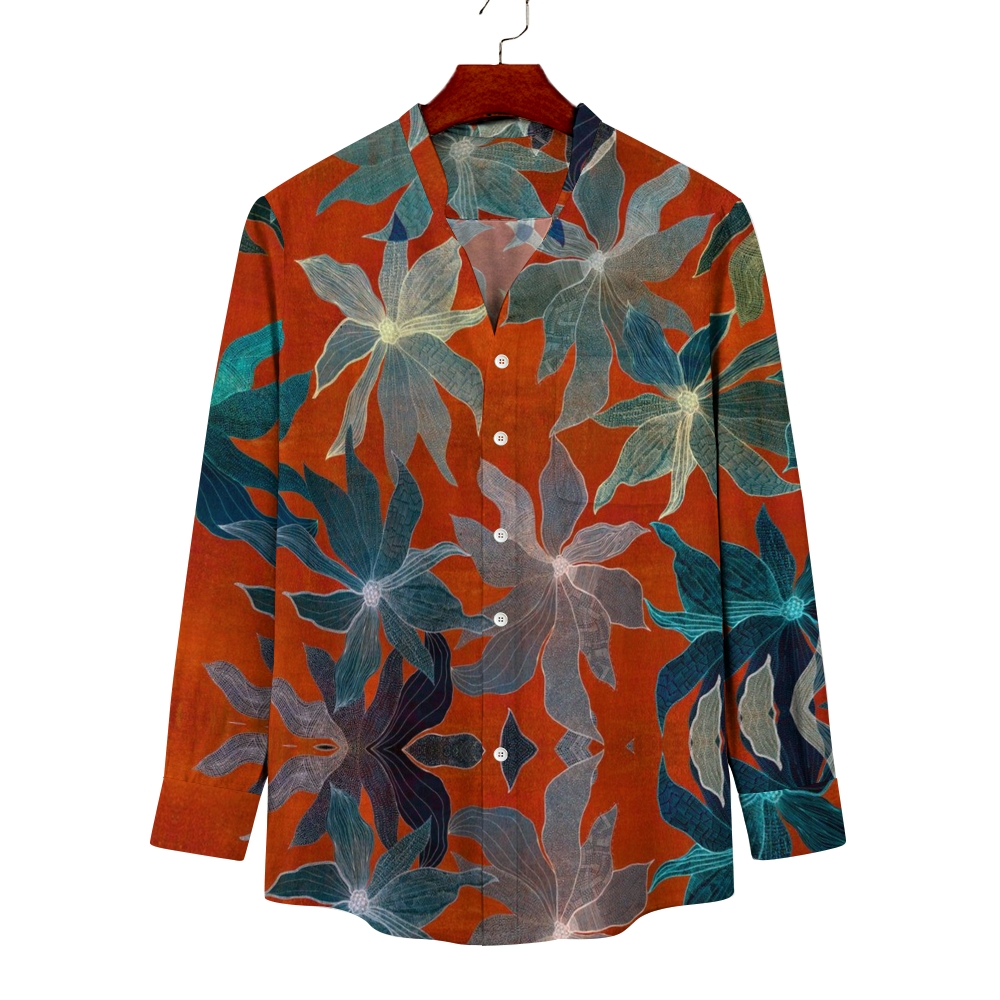 Men's Stand Collar Vintage Red Leaves Print Long Sleeve Shirt