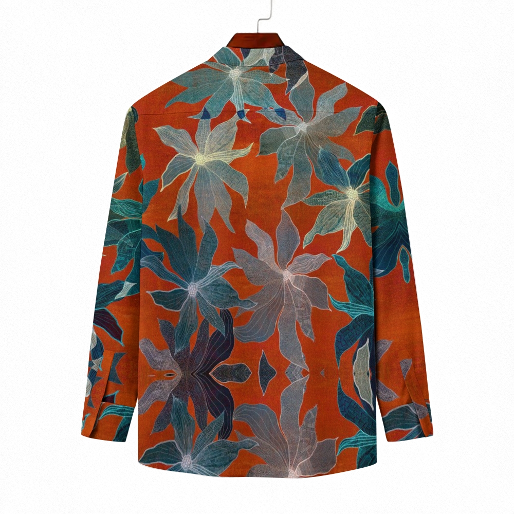 Men's Stand Collar Vintage Red Leaves Print Long Sleeve Shirt