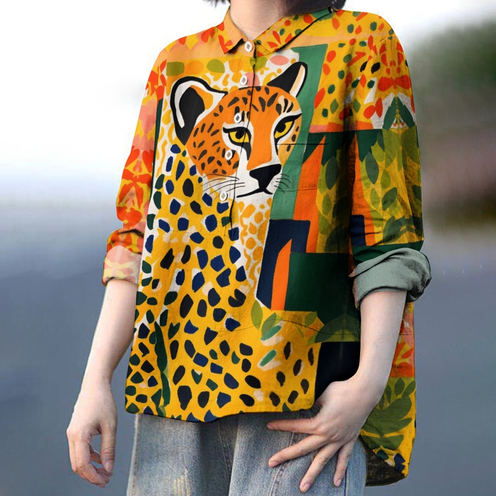 Women's Colorblock Cartoon Animal Printed Casual Shirt