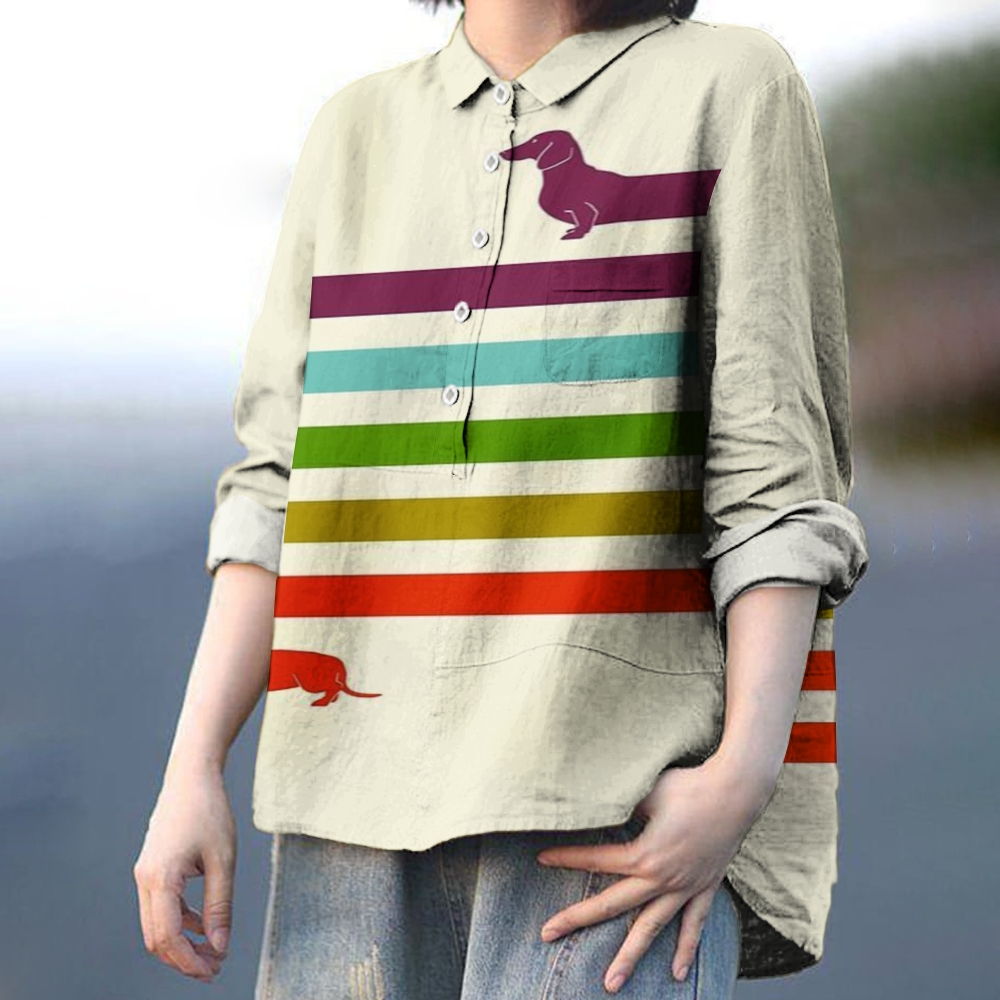 Women's Striped Dog Printed Casual Shirt
