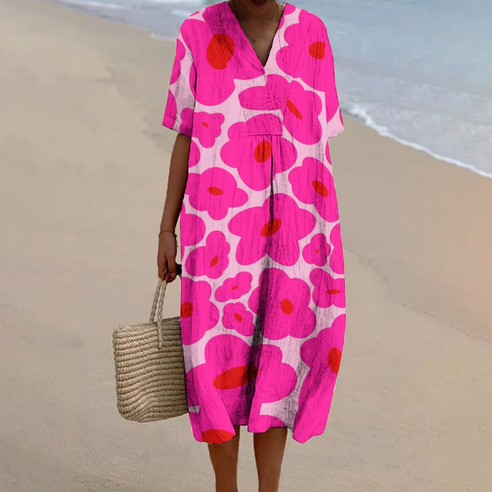 Women's Pink Floral Pattern Printed Flowy Dress