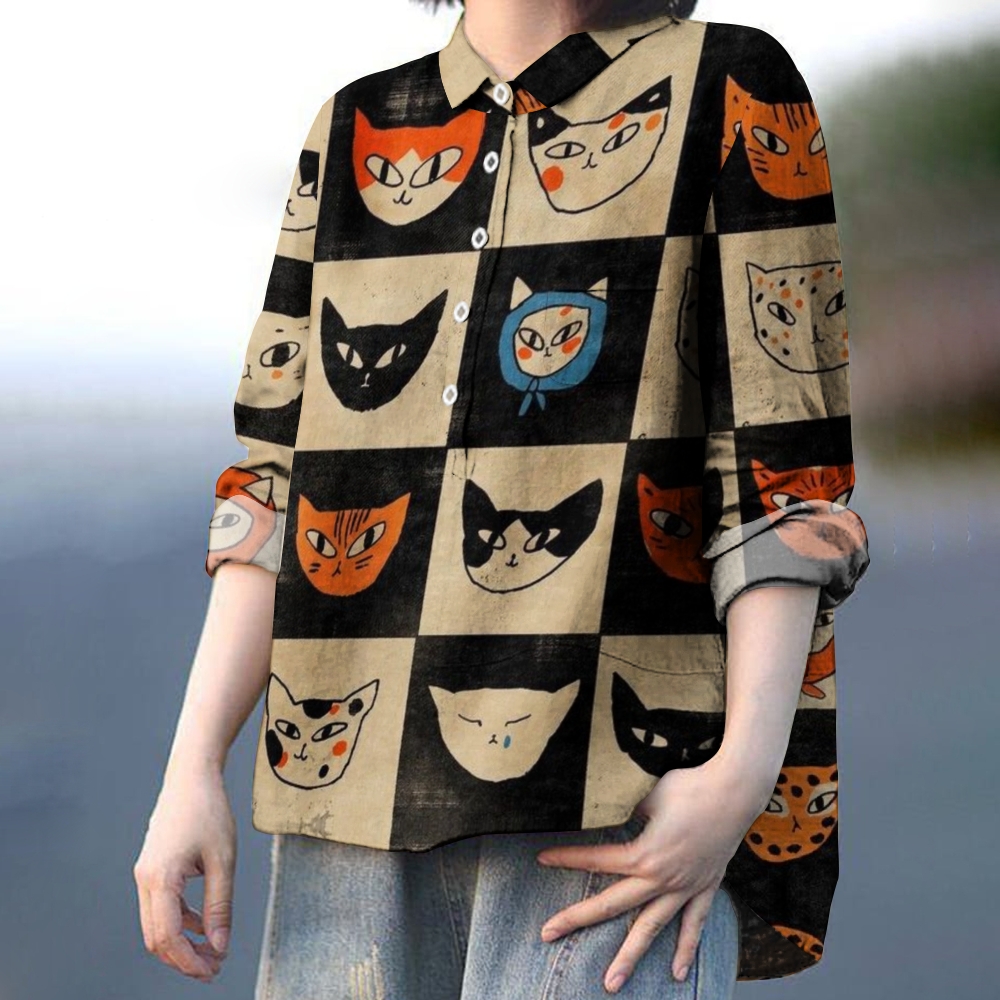 Women's Cartoon Cat Colorblock Printed Casual Shirt
