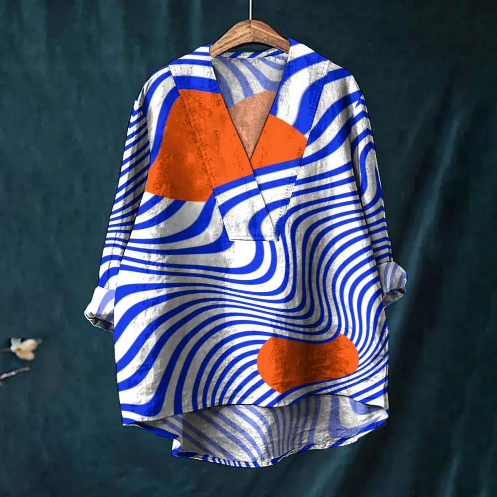 Women's Vintage Lines Print Casual  V-neck Shirt