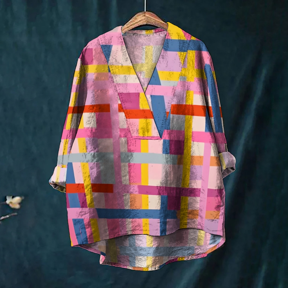 Women's Vintage Striped Plaid Print Casual   V-neck Shirt
