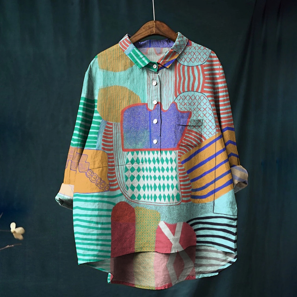 Women's Irregular Geometric Splicing Printed Casual Shirt