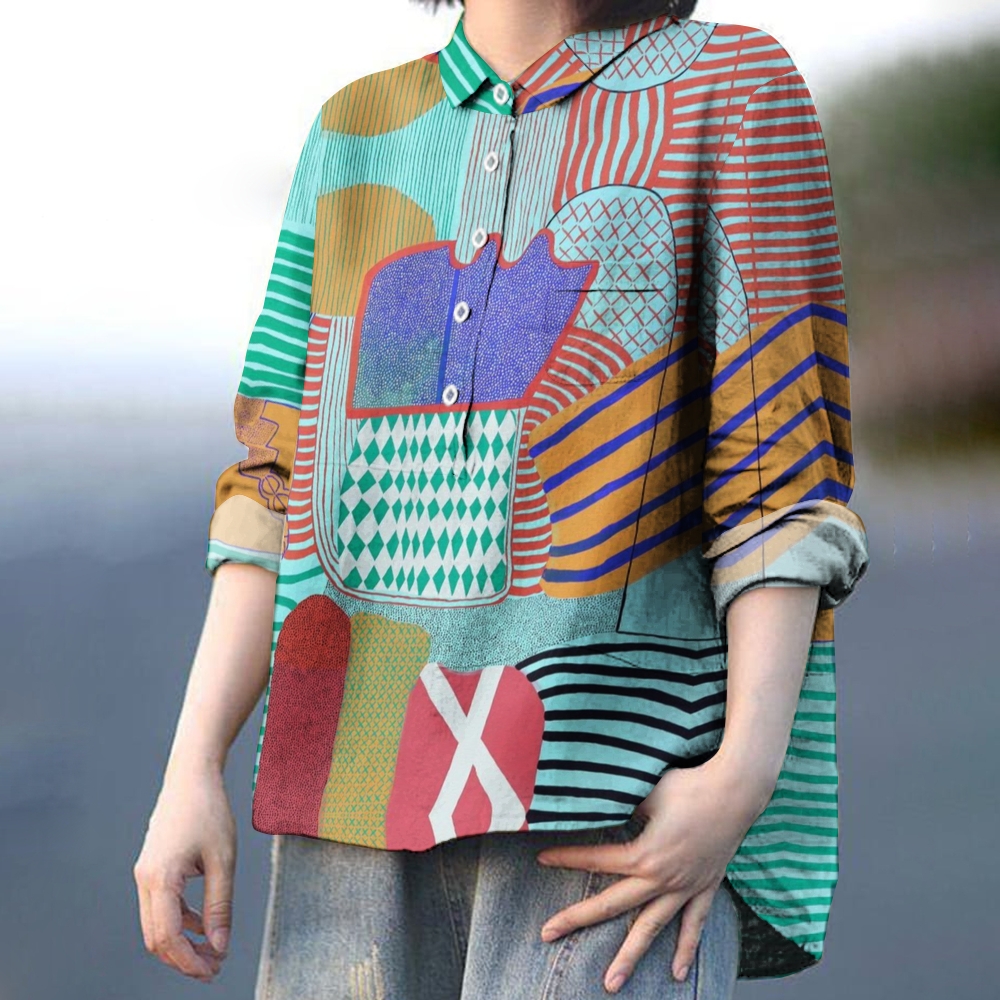 Women's Irregular Geometric Splicing Printed Casual Shirt