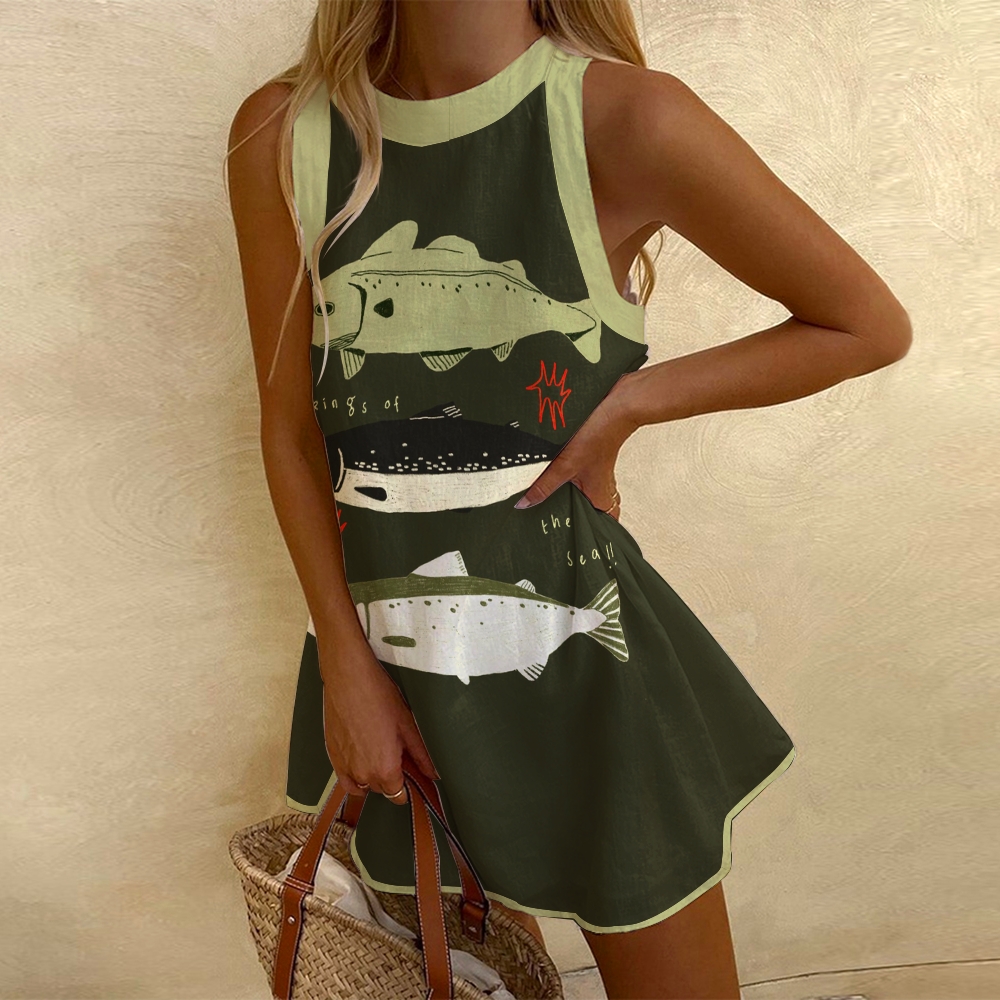 Women's Sleeveless Green Fish Printed Dress