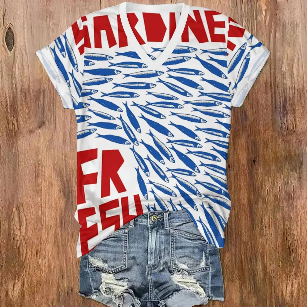 Women's Vintage Sardines Fish Art Print Casual   Shirt