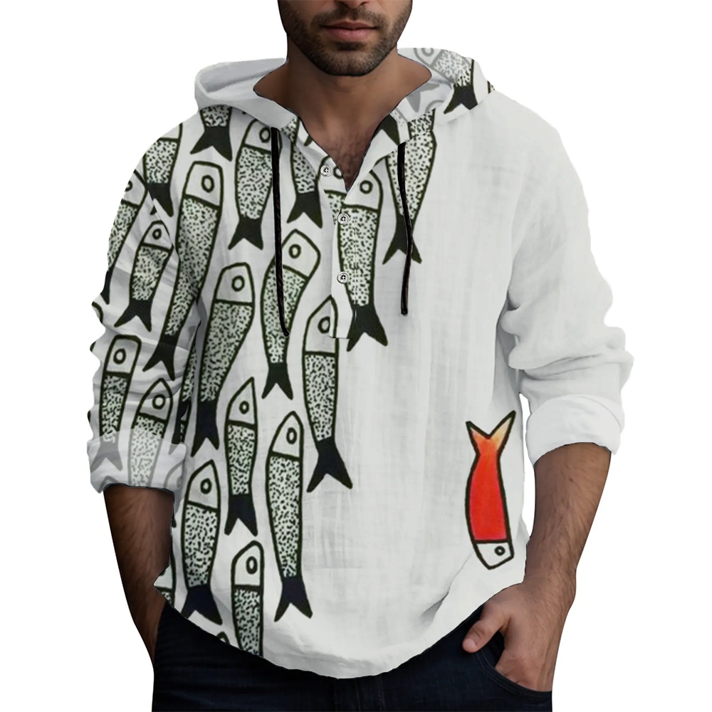 Men'sHooded Half-open Japanese Sardine Fish Printed Long-sleeved Shirt