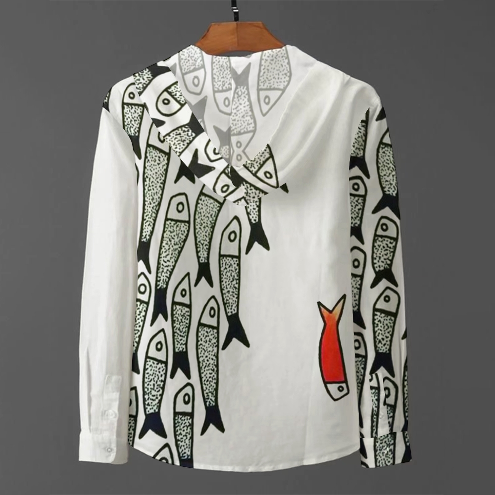 Men'sHooded Half-open Japanese Sardine Fish Printed Long-sleeved Shirt