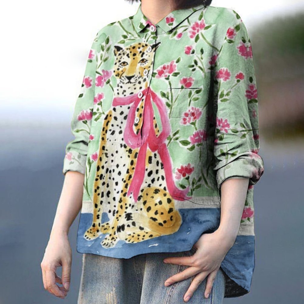 Women's Vintage Flower Leopard Printed Casual Shirt