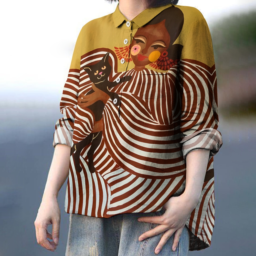 Women's Abstract Geometric Art Portrait Printed Casual Shirt