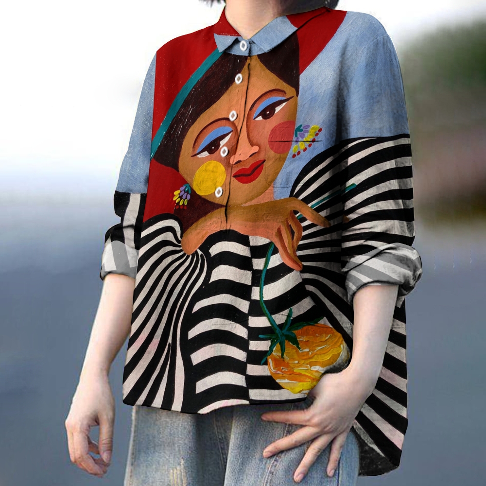 Women's Abstract Geometric Art Portrait Printed Casual Shirt