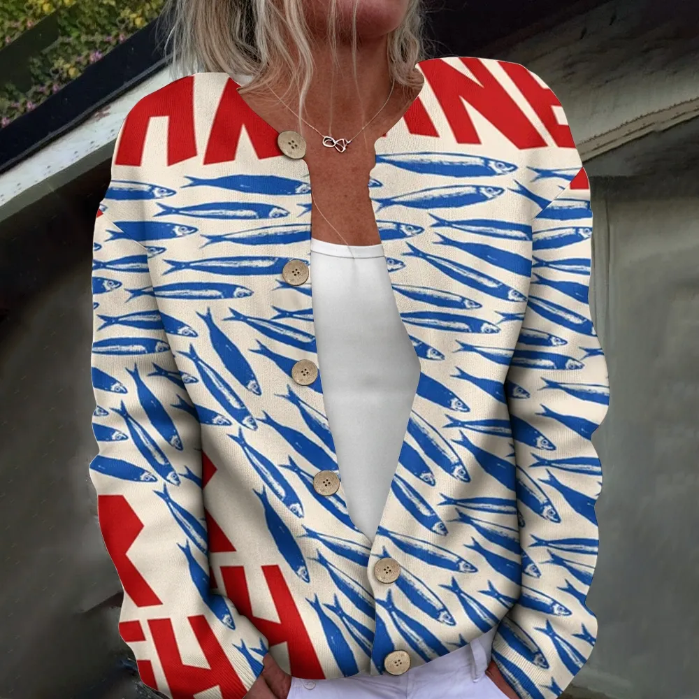 Women's Vintage Sardines Fish Art Print Casual   Shirt