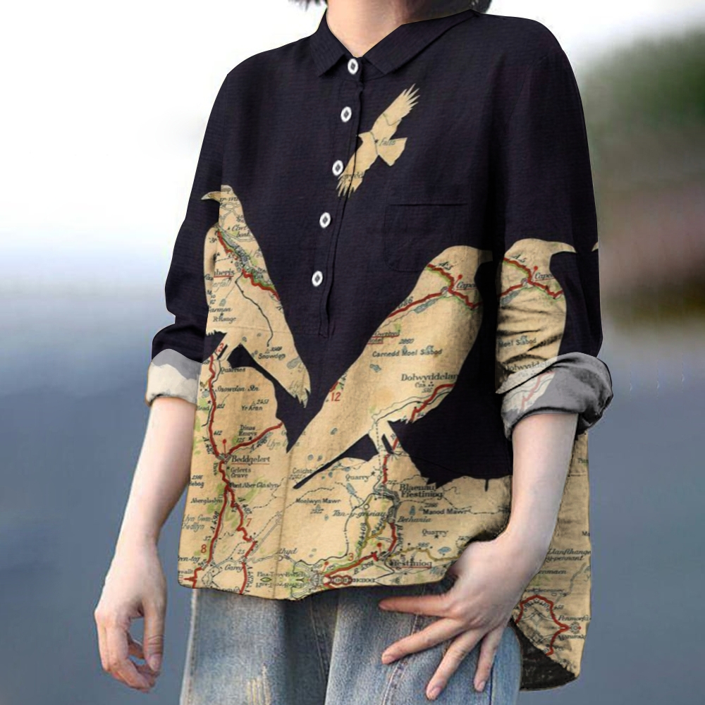 Women's Retro Colorblock Bird Printed Casual Shirt