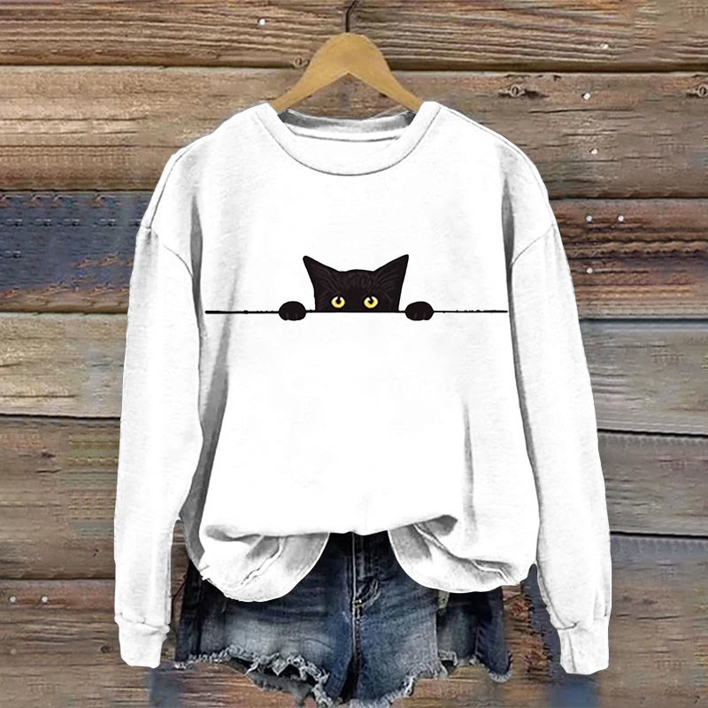 Women's Casual Black Cat Print Causal Sweatshirt