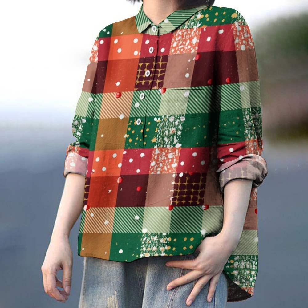 Women's Christmas Plaid Colorblock Printed Casual Shirt
