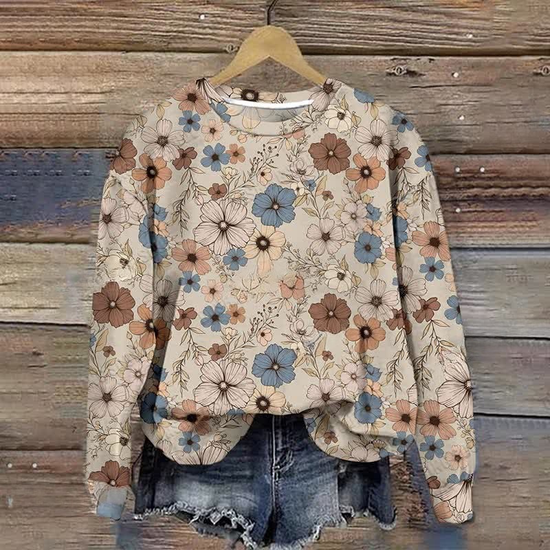 Women's Casual Floral Print Loose Fit Crew Neck Long Sleeve Sweatshirt