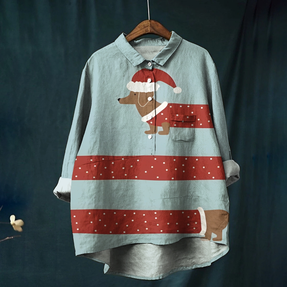 Women's Christmas Sausage Dog Printed Casual Shirt