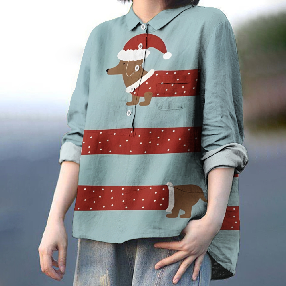 Women's Christmas Sausage Dog Printed Casual Shirt