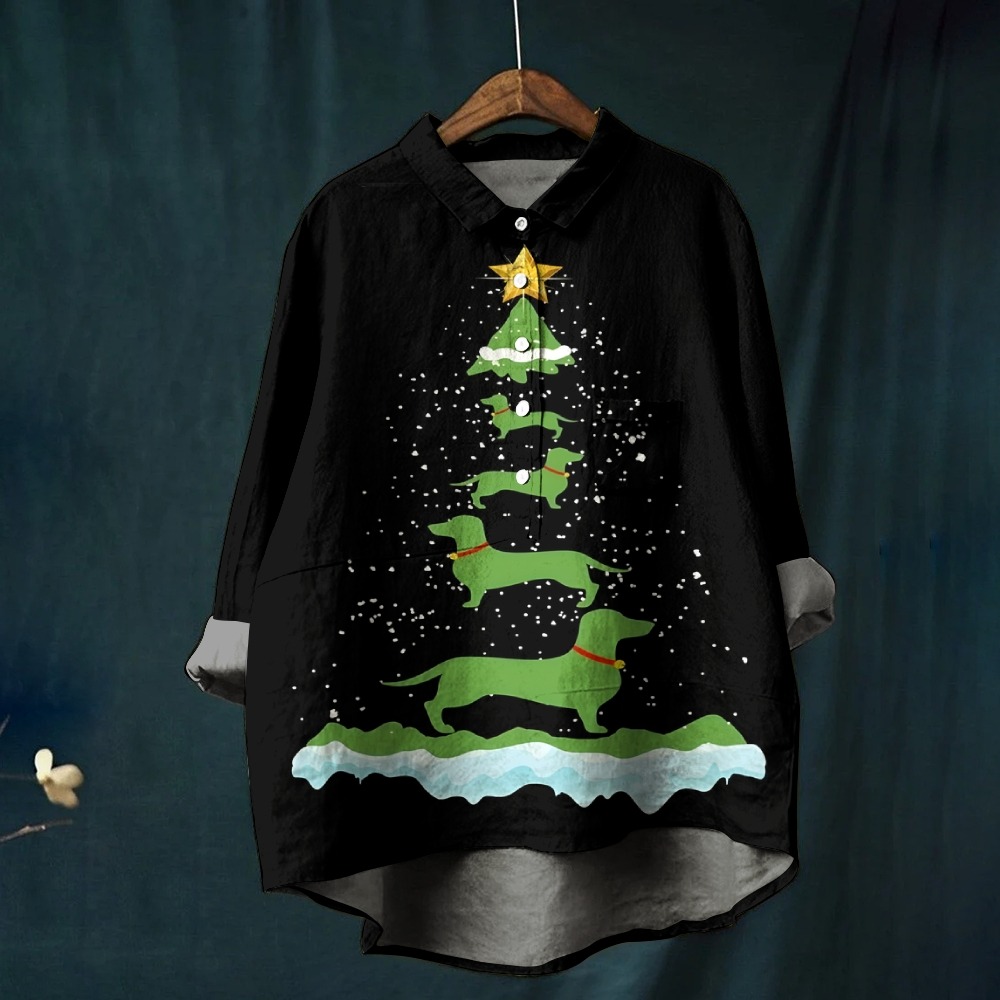 Women's Sausage Dog Christmas Tree Printed Casual Shirt