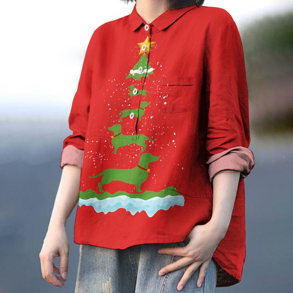 Women's Sausage Dog Christmas Tree Printed Casual Shirt