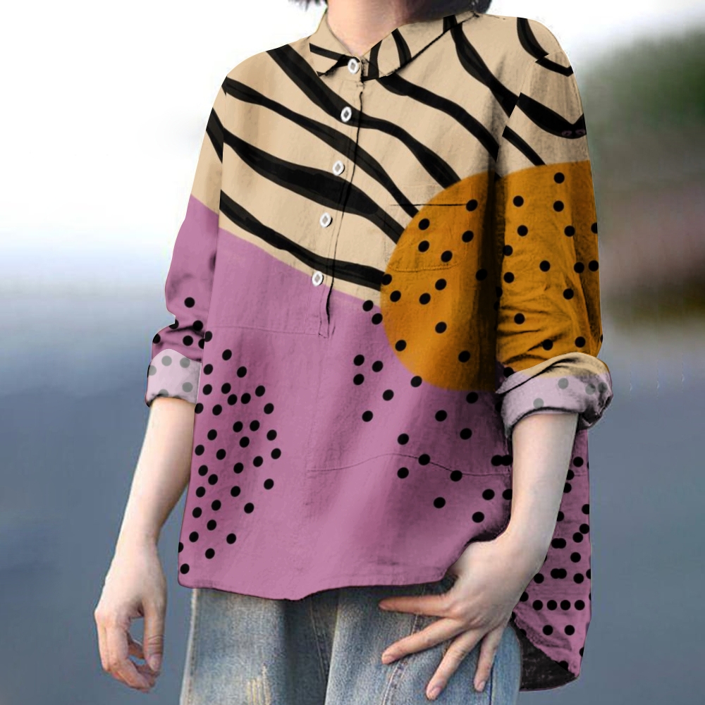 Women's Geometric Colorblock Striped Printed Casual Shirt