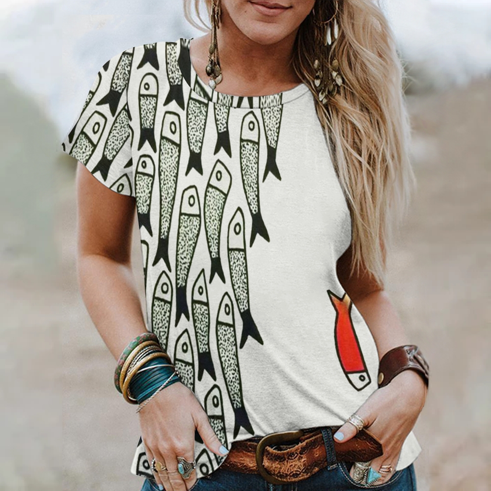 Women's Japanese Fun Fish Art Printed T-shirt