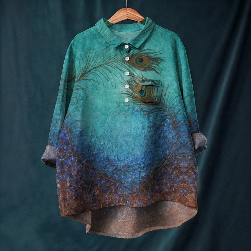 Women's Feather Art Colorblock Printed Long Sleeve Casual Shirt