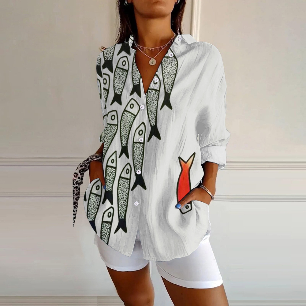 Women's Fish Printed Lapel Button-Down Shirt