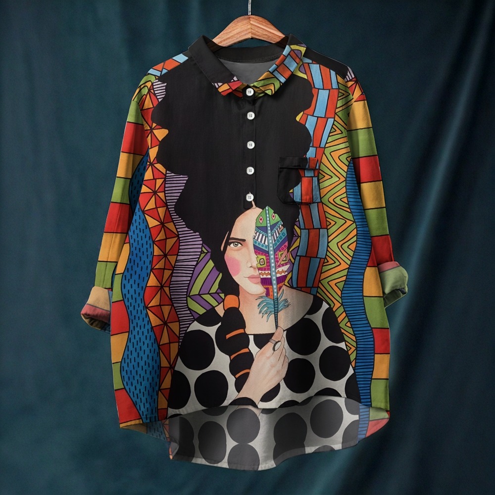 Women's Artistic Portrait Printed Casual Long Sleeve Shirt