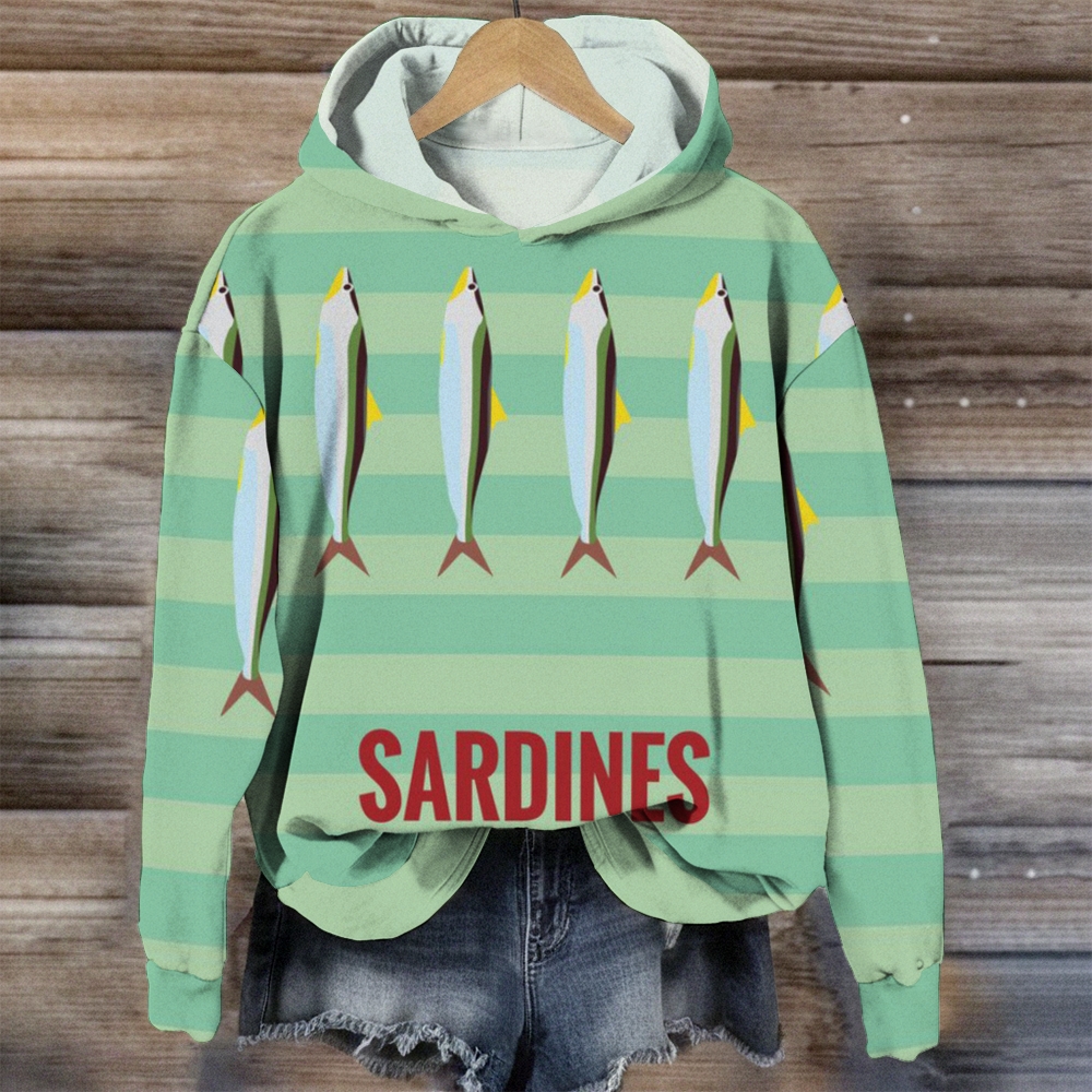 Women's Casual Sardines Printed Long Sleeve Hooded