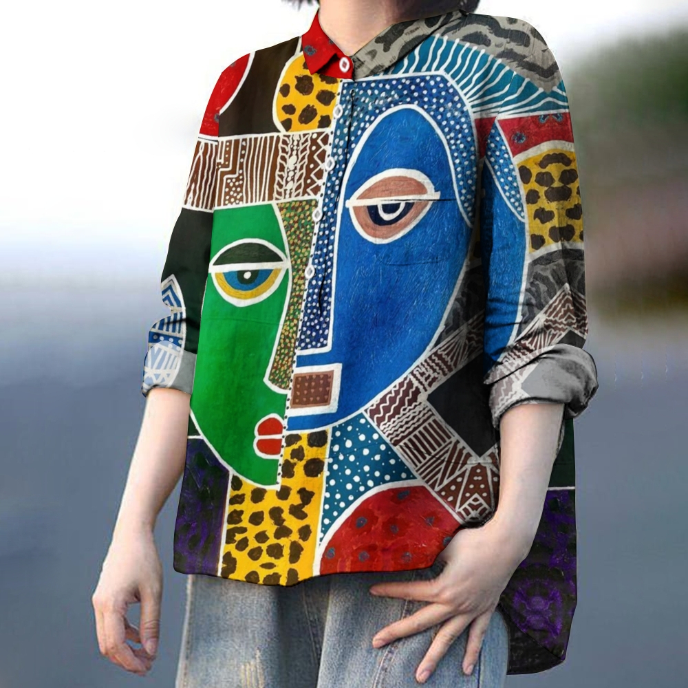 Women's Retro Abstract Face Colorblock Printed Casual Shirt