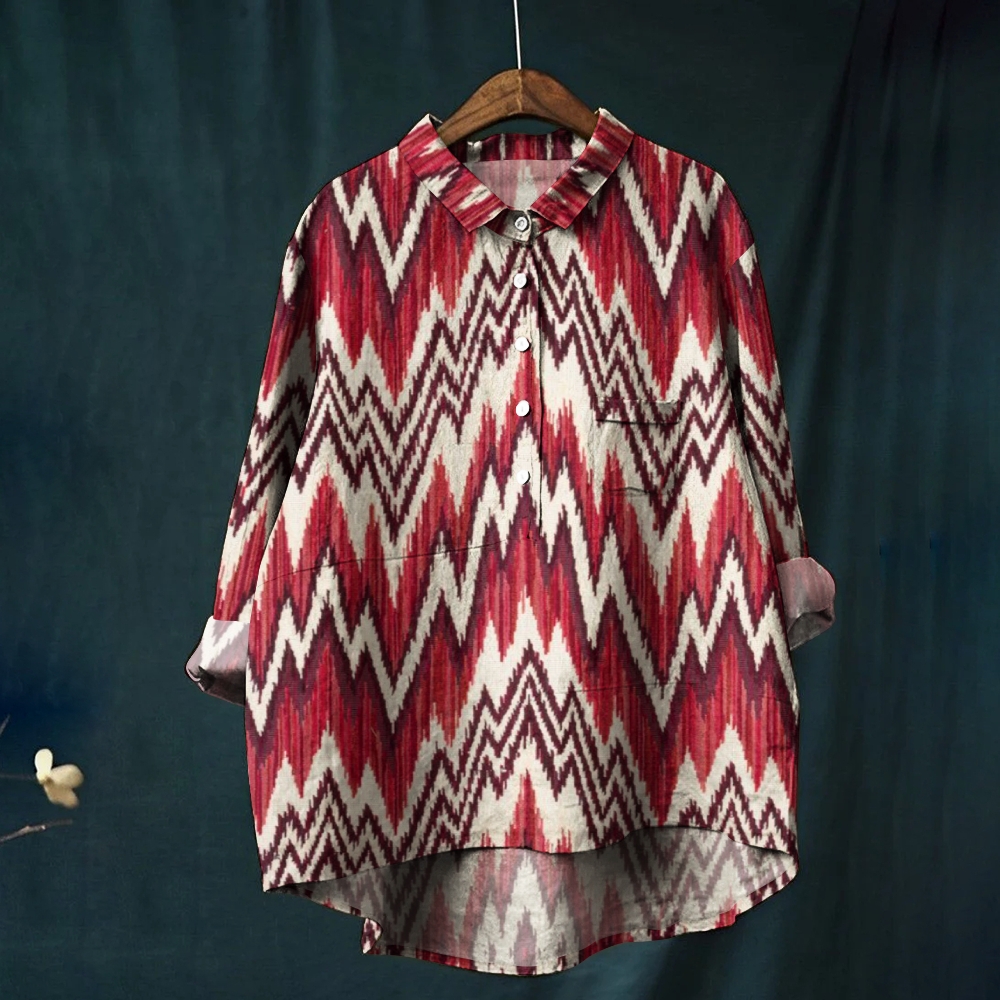 Women's Retro Red Wavy Stripes Printed Casual Shirt 