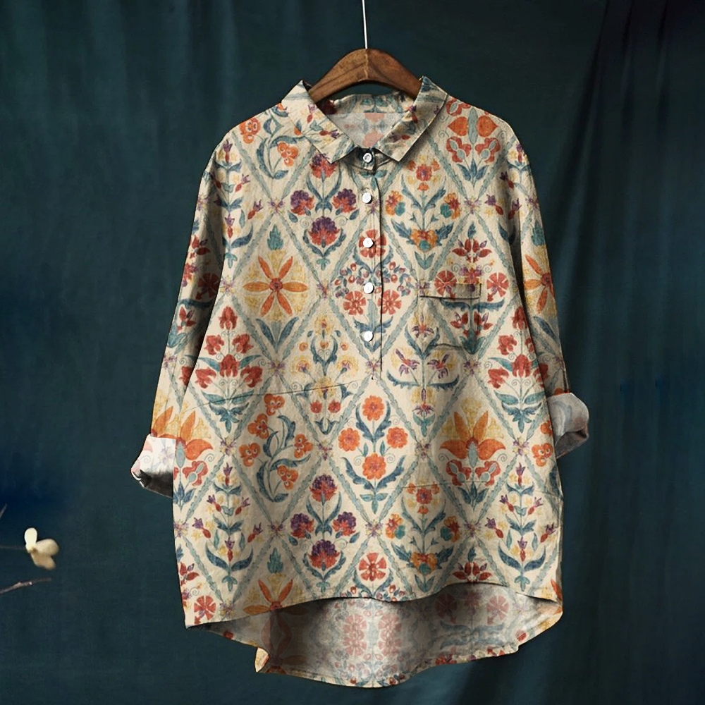 Women's Retro Rhombus Flowers Printed Casual Shirt