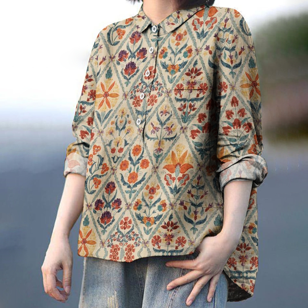 Women's Retro Rhombus Flowers Printed Casual Shirt