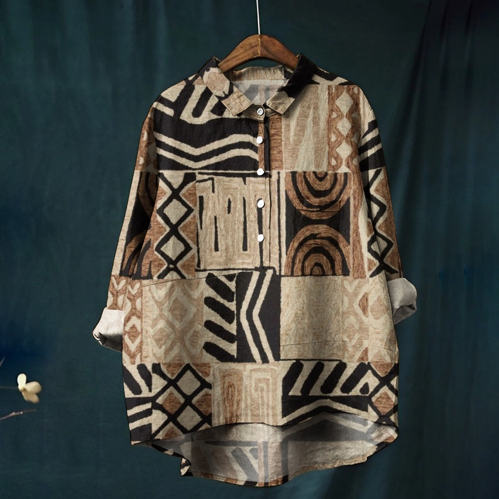 Women's Vintage Light Brown Geometric Patchwork Printed Casual Shirt