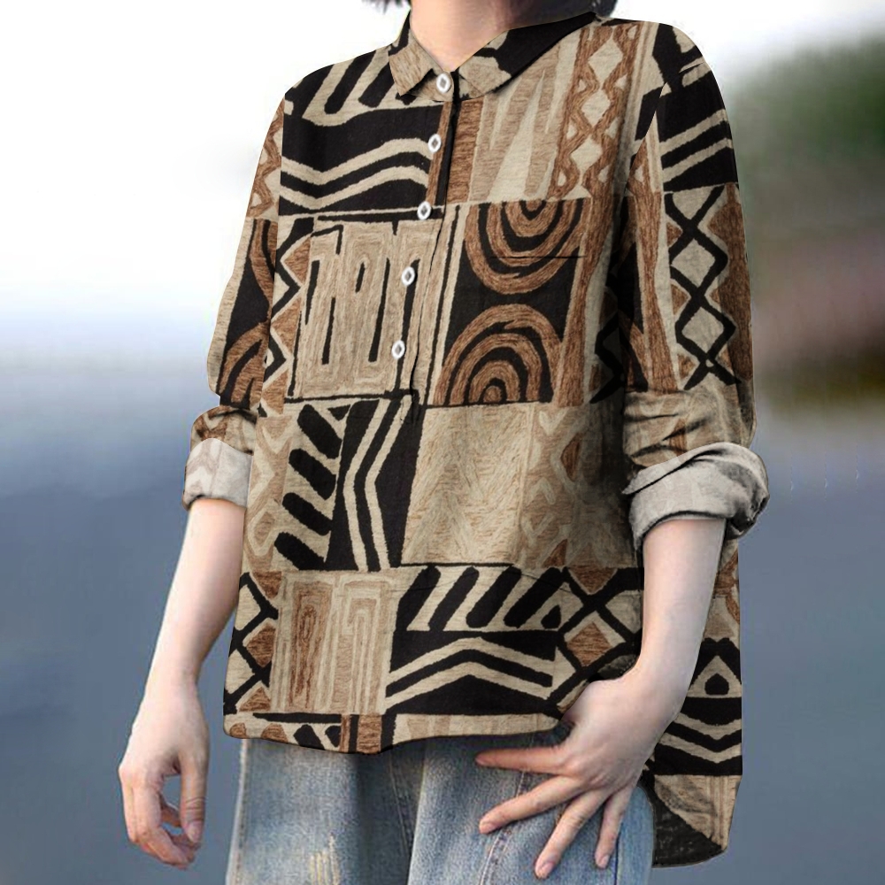 Women's Vintage Light Brown Geometric Patchwork Printed Casual Shirt