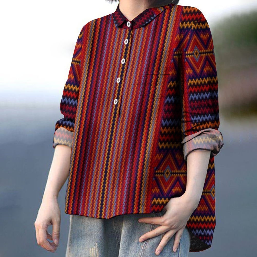 Women's Vintage Red Stripes Printed Casual Shirt