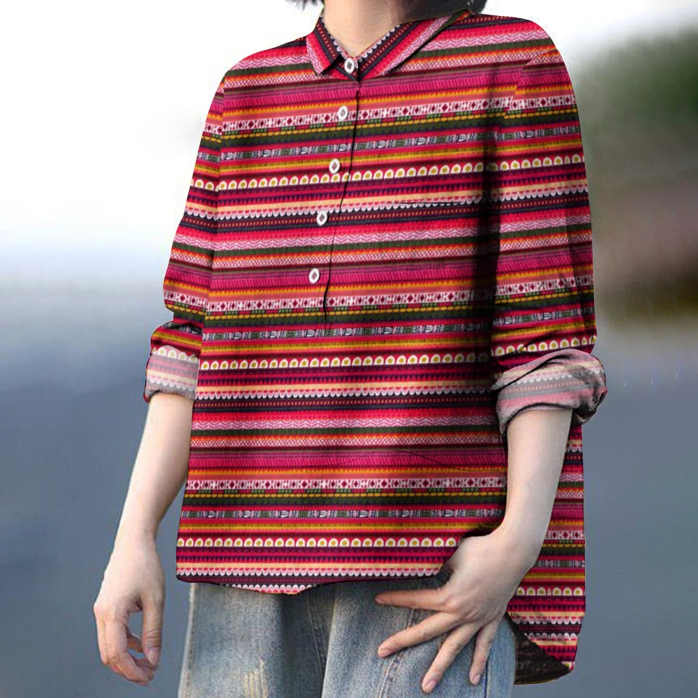 Women's Retro Colorful Striped Printed Casual Shirt